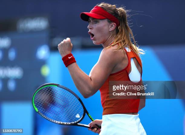 Paula Badosa of Team Spain celebrates after a point during her Women's Singles Third Round match against Nadia Podoroska of Team Argentina on day...
