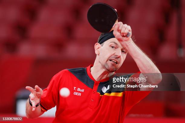 Timo Boll of Team Germany in action during his Men's Singles Round 3 match on day four of the Tokyo 2020 Olympic Games at Tokyo Metropolitan...