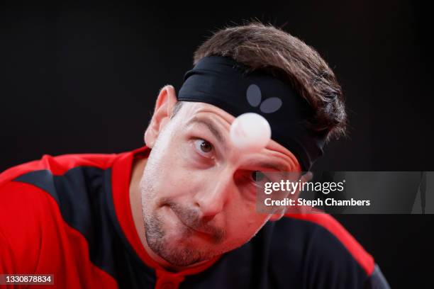 Timo Boll of Team Germany in action during his Men's Singles Round 3 match on day four of the Tokyo 2020 Olympic Games at Tokyo Metropolitan...