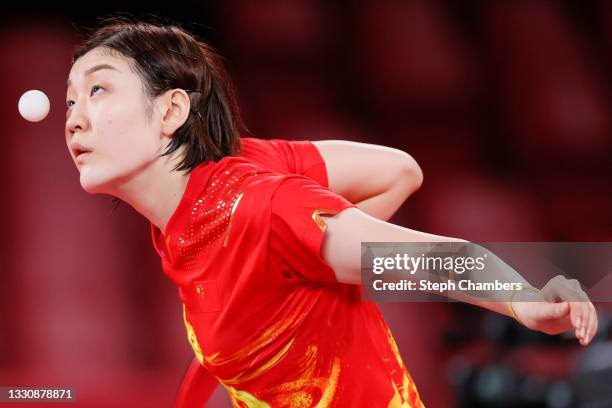 Chen Meng of Team China in action during her Women's Singles Round 3 match on day four of the Tokyo 2020 Olympic Games at Tokyo Metropolitan...