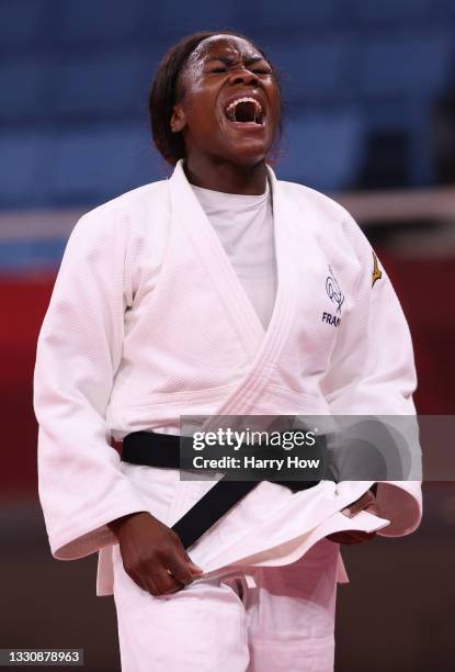 Clarisse Agbegnenou of Team France celebrates after defeating Tina Trstenjak of Team Slovenia during the Women’s Judo 63kg Final on day four of the...