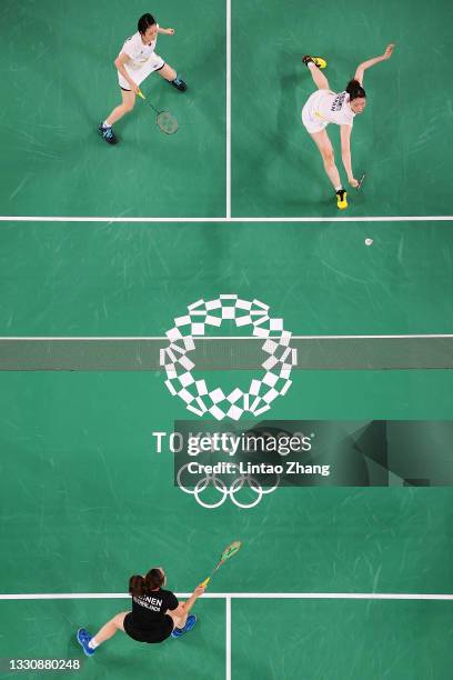 Mayu Matsumoto and Wakana Nagahara of Team Japan compete against Cheryl Seinen and Selena Piek of Team Netherlands during a Women's Doubles Group B...