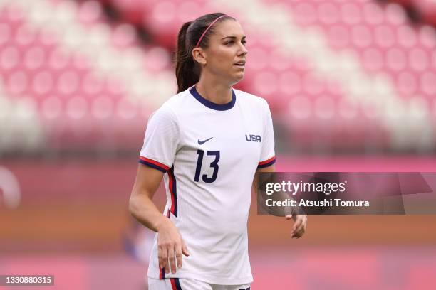 Alex Morgan of Team United States looks on during the Women's Football Group G match between United States and Australia on day four of the Tokyo...