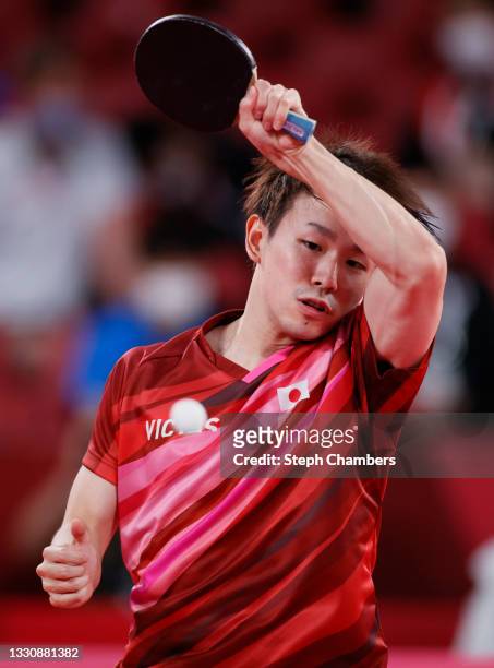 Koki Niwa of Team Japan in action during his Men's Singles Round 3 match on day four of the Tokyo 2020 Olympic Games at Tokyo Metropolitan Gymnasium...