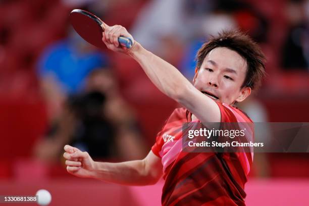 Koki Niwa of Team Japan in action during his Men's Singles Round 3 match on day four of the Tokyo 2020 Olympic Games at Tokyo Metropolitan Gymnasium...