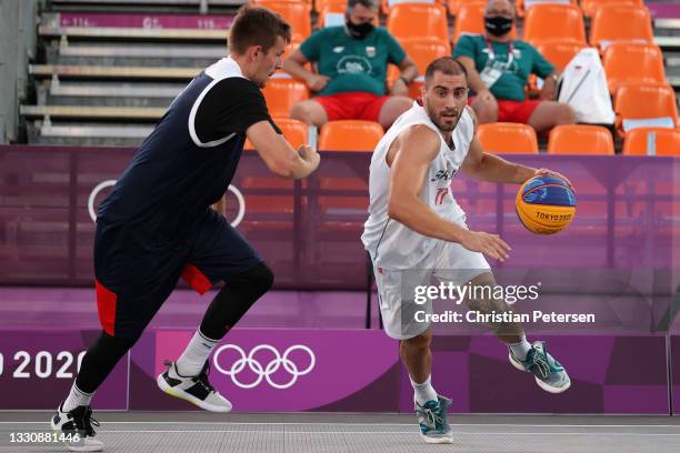 Dusan Domovic Bulut of Team Serbia handles the ball in the 3x3 Basketball competition on day four of the Tokyo 2020 Olympic Games at Aomi Urban...