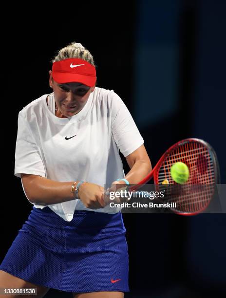 Donna Vekic of Team Croatia plays a backhand during her Women's Singles Third Round match against Elena Rybakina of Team Kazakhstan on day four of...