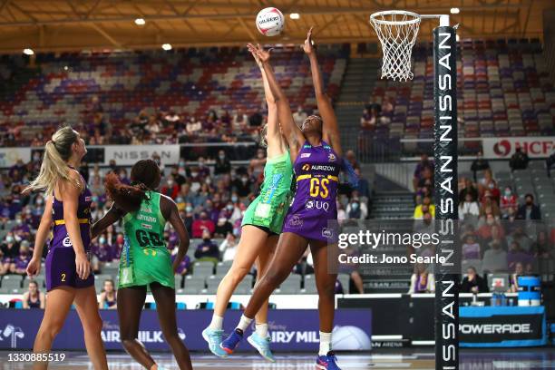 Romelda Aiken of the Firebirds catches the ball during the round 12 Super Netball match between West Coast Fever and Queensland Firebirds at Nissan...