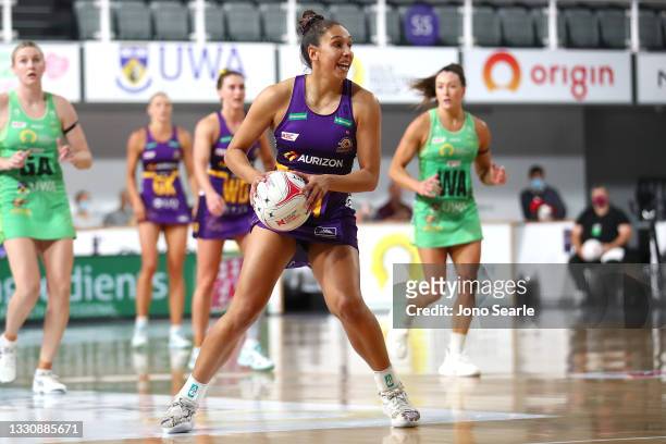 Jemma Mi Mi of the Firebirds looks to pass during the round 12 Super Netball match between West Coast Fever and Queensland Firebirds at Nissan Arena,...