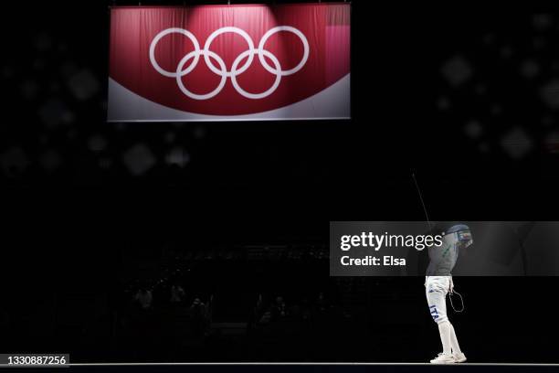 Federica Isola of Team Italy celebrates after Team Italy defeated Team China during the Women's Epée Team Bronze Medal Match on day four of the Tokyo...