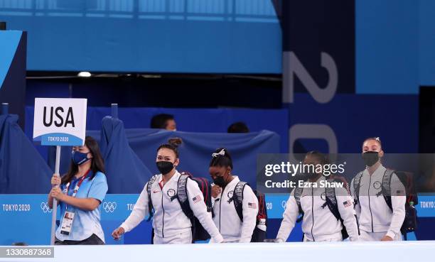 Team USA walks into the arena prior to the Women's Team Final on day four of the Tokyo 2020 Olympic Games at Ariake Gymnastics Centre on July 27,...