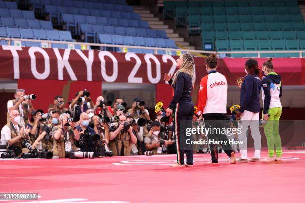 Silver medalist Tina Trstenjak of Team Slovenia, gold medalist Clarisse Agbegnenou of Team France, bronze medalist A Maria Centracchio of Team Italy,...