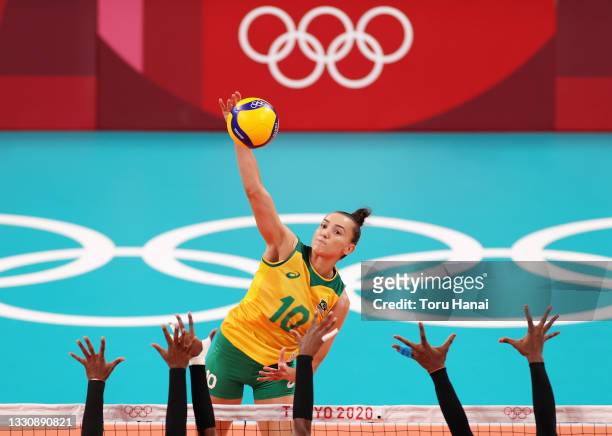 Gabriela Braga Guimaraes of Team Brazil competes against Team Dominican Republic during the Women's Preliminary - Pool A volleyball on day four of...