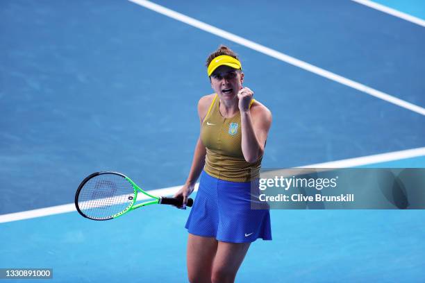 Elina Svitolina of Team Ukraine celebrates after a point during her Women's Singles Third Round match against Maria Sakkari of Team Greece on day...