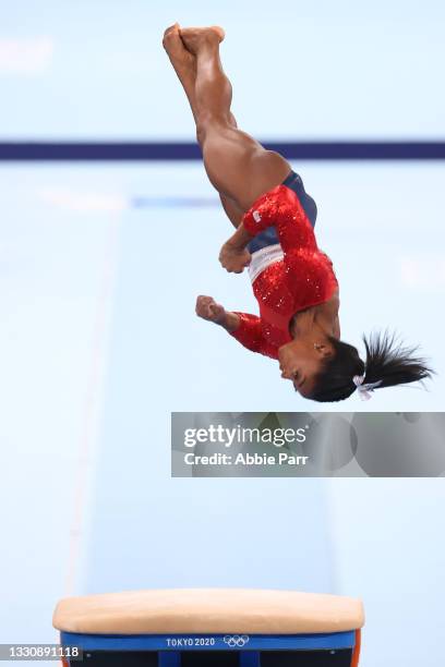 Simone Biles of Team United States competes on vault during the Women's team final on day four of the Tokyo 2020 Olympic Games at Ariake Gymnastics...