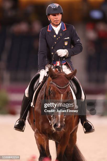 Steffen Peters of Team USA riding Suppenkasper competes in the Dressage Team Grand Prix Special Team Final on day four of the Tokyo 2020 Olympic...