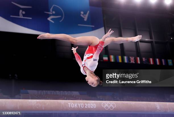Jennifer Gadirova of Team Great Britain competes on balance beam during the Women's Team Final on day four of the Tokyo 2020 Olympic Games at Ariake...