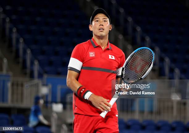 Kei Nishikori of Team Japan prepares between points during his Men's Singles Second Round match against Marcos Giron of Team USA on day four of the...