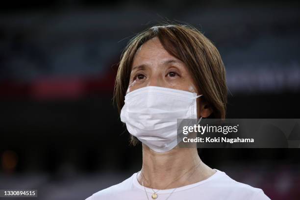 Asako Takakura, Head Coach of Team Japan looks on prior to the Women's Group E match between Chile and Japan on day four of the Tokyo 2020 Olympic...