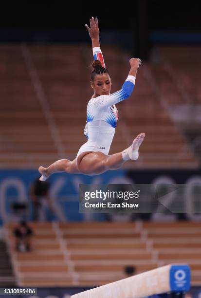 Marine Boyer of Team France competes in balance beam during the Women's Team Final on day four of the Tokyo 2020 Olympic Games at Ariake Gymnastics...
