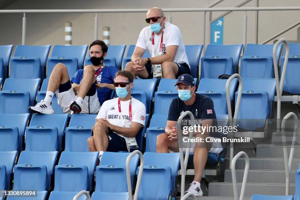 Team Great Britain members watch Liam Broady of Team Great Britain play his Men's Singles Second Round match against Hubert Hurkacz of Team Poland on...