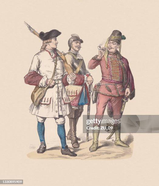 18th century, austrian military, hand-colored wood engraving, published c.1880 - bayonets stock illustrations