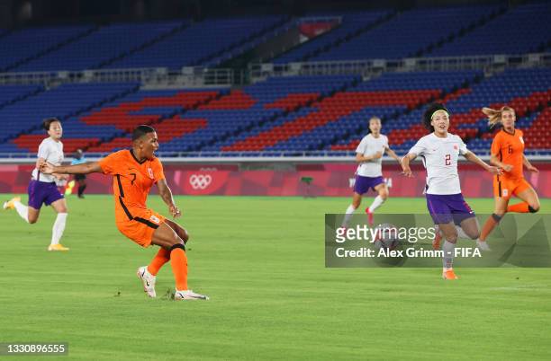Shanice van de Sanden of Team Netherlands scores their side's first goal during the Women's Group F match between Netherlands and China during the...