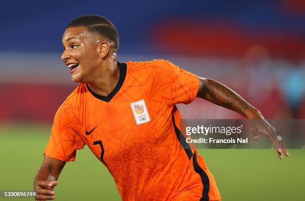 Shanice van de Sanden of Team Netherlands celebrates after scoring their side's first goal during the Women's Group F match between Netherlands and...