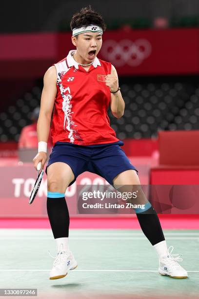 Du Yue and Li Yin Hui of Team China react as they compete against Lee Sohee and Shin Seungchan of Team South Korea during a Women's Doubles Group B...