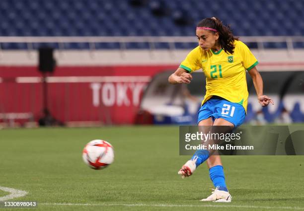 Andressa of Team Brazil scores their side's first goal during the Women's Group F match between Brazil and Zambia on day four of the Tokyo 2020...