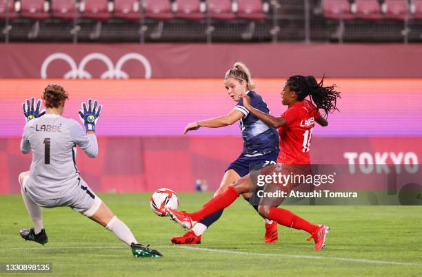Rachel Daly of Team Great Britain shoots whilst under pressure from Stephanie Labbe and Ashley Lawrence of Team Canada during the Women's Group E...