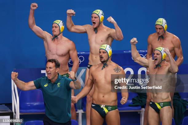 Team Australia players celebrate during the Men's Preliminary Round Group B match between Australia and Croatia on day four of the Tokyo 2020 Olympic...