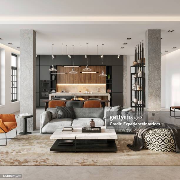 modern loft apartment interior - wood ceiling stock pictures, royalty-free photos & images