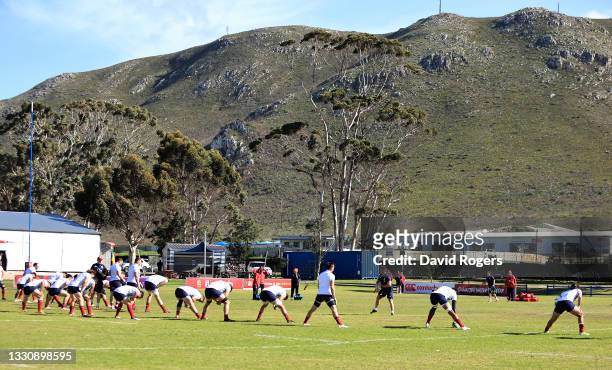 The Lions warms up during the British & Irish Lions training session held at Hermanus High School on July 27, 2021 in Hermanus, South Africa.