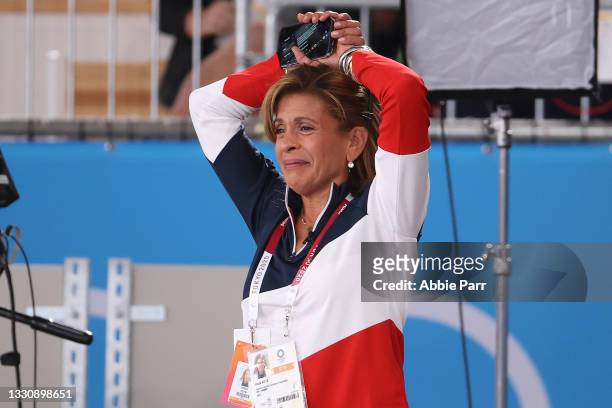 Today Show Host Hoda Kotb yells support to Simone Biles after exiting the competition during the Women's team final on day four of the Tokyo 2020...