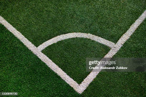 part of the layout of the football field, the position of the corner kick. white marking lines on the green grass of the sports stadium. - ta en kurva bildbanksfoton och bilder