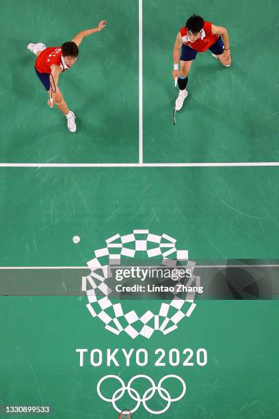 Du Yue and Li Yin Hui of Team China compete against Lee Sohee and Shin Seungchan of Team South Korea during a Women's Doubles Group B match on day...
