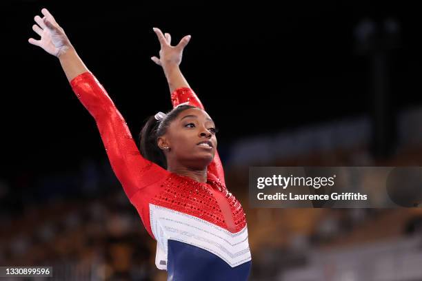 Simone Biles of Team United States competes on vault during the Women's Team Final on day four of the Tokyo 2020 Olympic Games at Ariake Gymnastics...