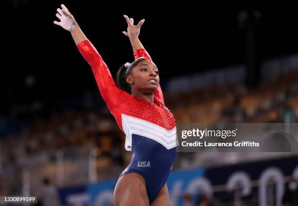 Simone Biles of Team United States competes on vault during the Women's Team Final on day four of the Tokyo 2020 Olympic Games at Ariake Gymnastics...