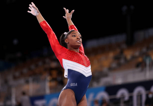 Simone Biles of Team United States competes on vault during the Women's Team Final on day four of the Tokyo 2020 Olympic Games at Ariake Gymnastics...
