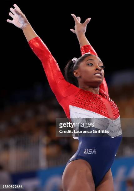 Simone Biles of Team United states competes on vault during the Women's Team Final on day four of the Tokyo 2020 Olympic Games at Ariake Gymnastics...