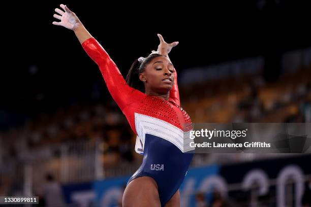 Simone Biles of Team uNited States competes on vault during the Women's Team Final on day four of the Tokyo 2020 Olympic Games at Ariake Gymnastics...