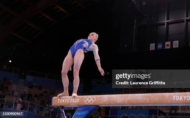 Angelina Melnikova of Team ROC competes in balance beam during the Women's Team Final on day four of the Tokyo 2020 Olympic Games at Ariake...