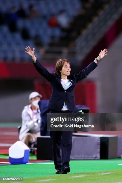 Asako Takakura, Head Coach of Team Japan reacts during the Women's Group E match between Chile and Japan on day four of the Tokyo 2020 Olympic Games...