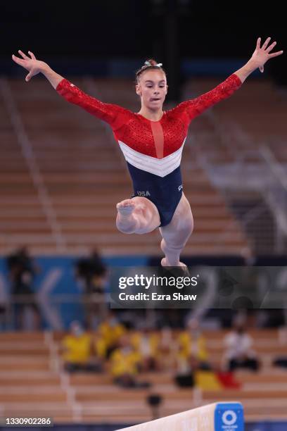 Grace McCallum of Team United States competes in balance beam during the Women's Team Final on day four of the Tokyo 2020 Olympic Games at Ariake...