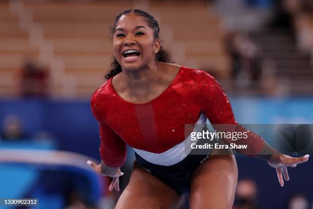Jordan Chiles of Team United States reacts as she competes in the balance beam during the Women's Team Final on day four of the Tokyo 2020 Olympic...