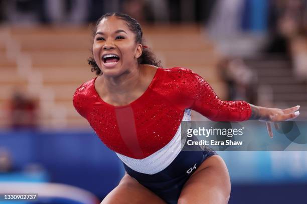 Jordan Chiles of Team United States reacts after competing in balance beam during the Women's Team Final on day four of the Tokyo 2020 Olympic Games...