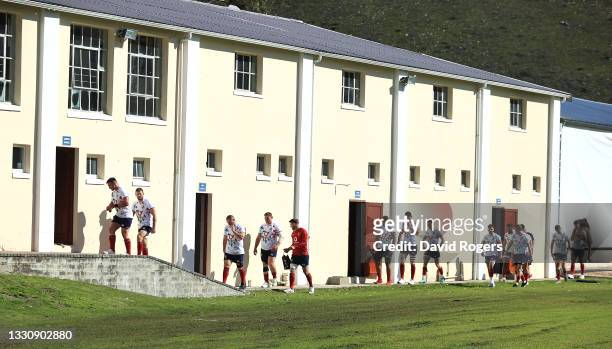 The Lions players arrive during the British & Irish Lions training session held at Hermanus High School on July 27, 2021 in Hermanus, South Africa.
