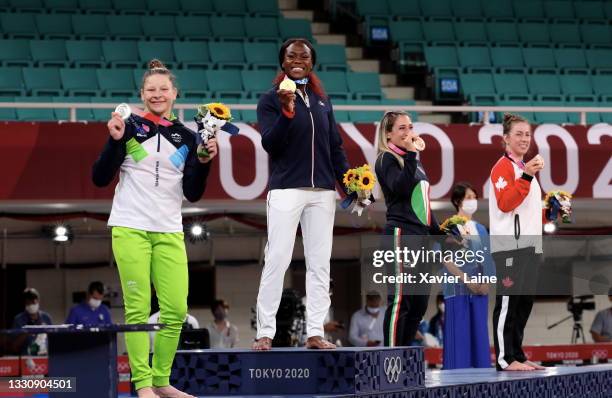 Silver medalist Tina Trstenjak of Team Slovenia, gold medalist Clarisse Agbegnenou of Team France, bronze medalist A Maria Centracchio of Team Italy,...