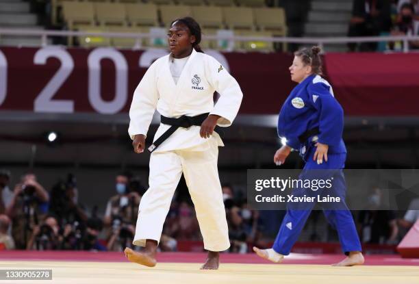 Clarisse Agbegnenou of Team France celebrates after defeating Tina Trstenjak of Team Slovenia during the Women’s Judo 63kg Final on day four of the...